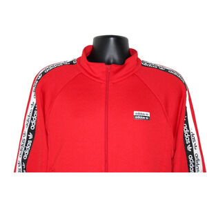 Adidas Men’s Red Track Jacket Medium Full-Zip Logo Striped Sleeves Casual